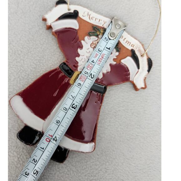 Clay Pottery Christmas Santa Ornament Glazed Red Primitive Banner - Picture 5 of 6